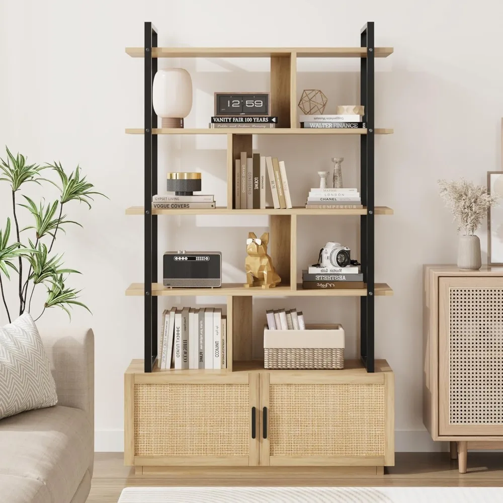 5 Tier Rattan Bookshelf with Storage Cabinet & Door, 71.1 Inch Tall Industrial Book Shelf with Open Display Shelves