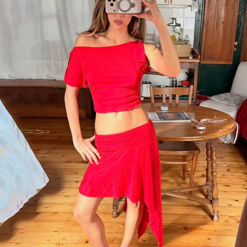 

Ticketsx Women's Summer Skirt 2-piece Set Fashion Sexy Top Ruffled Maxi Skirt Sets Casual Party Vacation New Women's Dress Sets