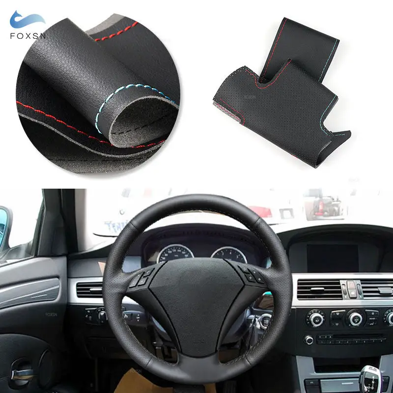 Car Accessories Braid Steering Wheel Cover Hand Sewing Black Leather red blue line For BMW 5 Series E60 E61 2004 2005 - 2009