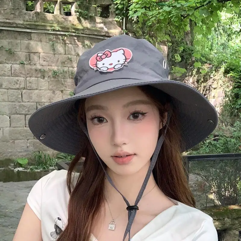 MINISO Sanrio Hello Kitty Anime Hiking Hat for Women New Outdoor Camping Sun Protection Hat Big Head Fisherman Hat Birthday Gift