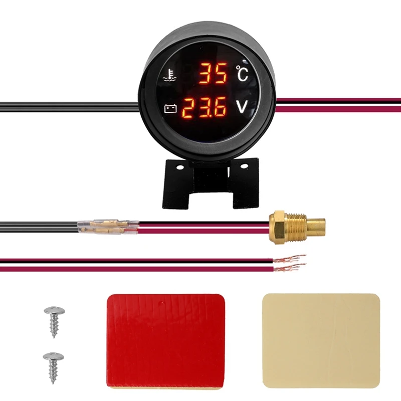 Round Led Digital Car Truck Water Temp Gauge Temperature Sensor Temperatura Moto + Voltmeter Volt Voltage Meter 2 In 1