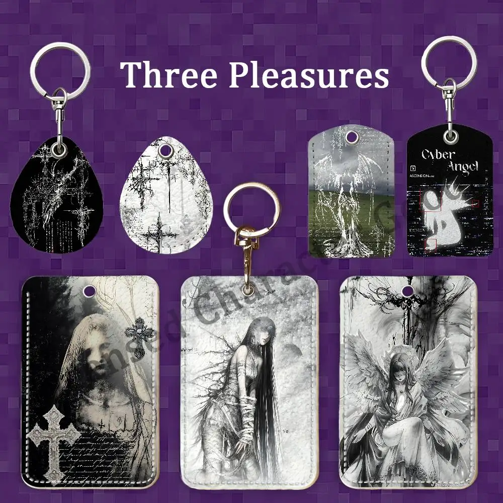 Cyber Sigil Angel Cross Rectangle Card Case Keychain Access Card Bag Key Tag Ring Leather Card Holder Key Ring Access