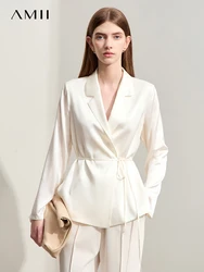 Amii Minimalism 2024 Summer New Women Silk Blouse Light Luxury Solid Stretch Side Placket Lapel Top With Belt Female 12422172