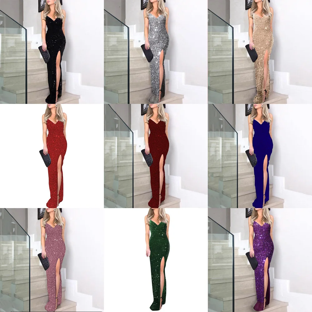 Women Long Beaded Sequin Dresses High Slit Spaghetti Strap Sexy V Neck Club Party Evening Dress Maxi Black Sequined Avondjurk