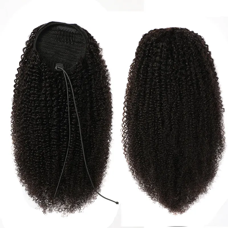 Extensiones de cola de caballo rizadas Afro para mujeres negras, cabello humano rizado 3c 4A, coletas con cordón, postizos naturales