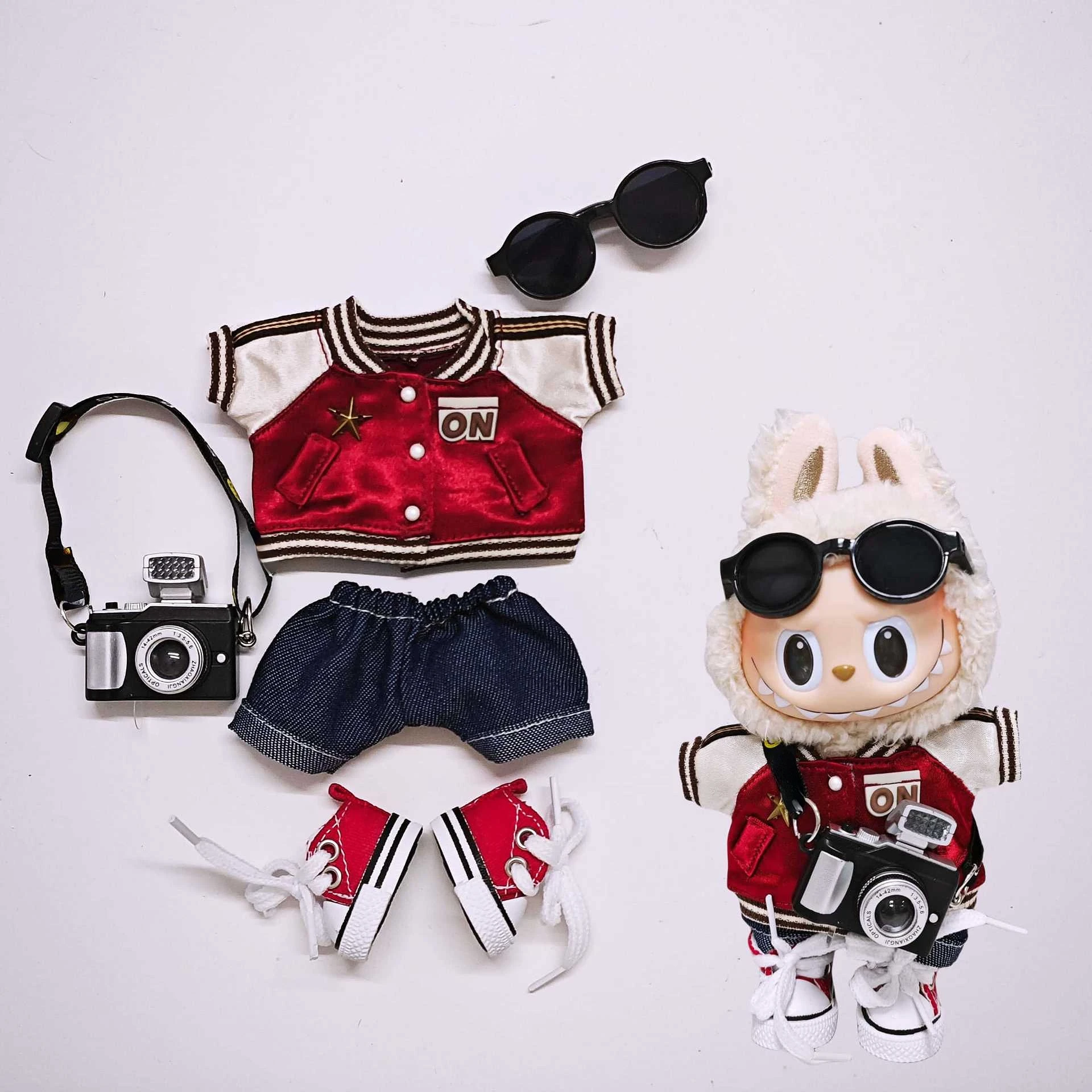 

Labubu 1st-3rd Gen 15/17cm Doll Retro Varsity Outfit Set Red Jacket Denim Shorts Cool Sunglasses & Camera Props
