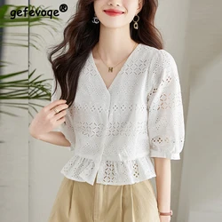 New Women Hollow Lace Embroidery White Elegant Cotton Shirts Summer Trendy Ruffle V Neck Slim Chic Blouses Blusa Mujer Moda 2023