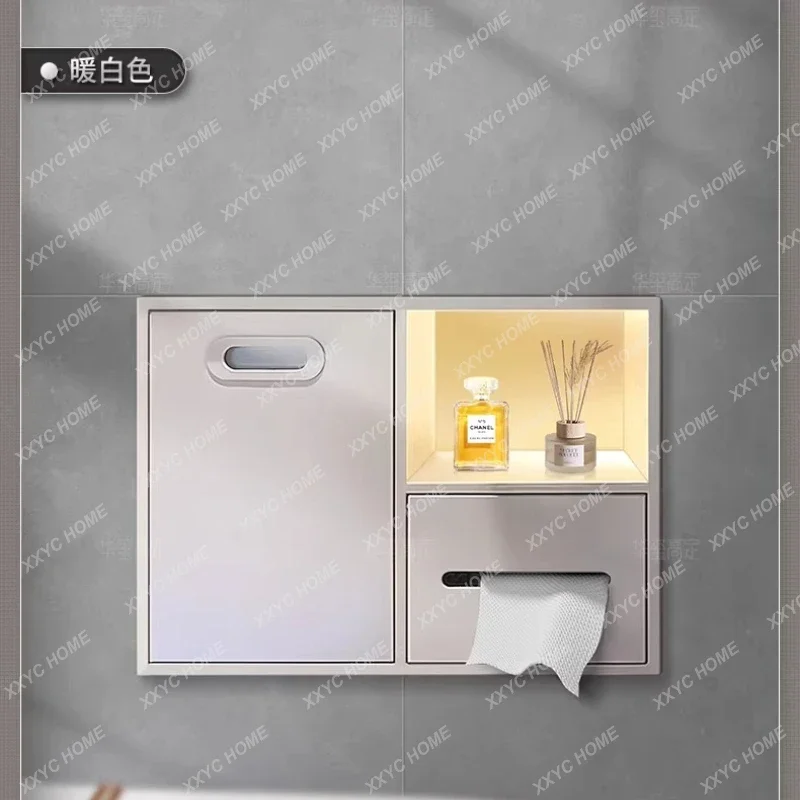 Stainless steel embedded kitchen and bathroom toilet next to the concealed tissue box trash can rack three-in-one niche
