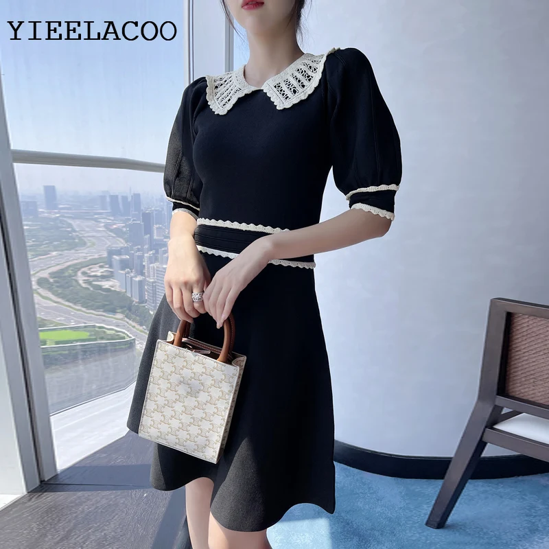 

Black Knitted Dress Women's 2021 Summer New Fashion Hollow out Doll Neck Short Sleeve Waist Wrap Dress