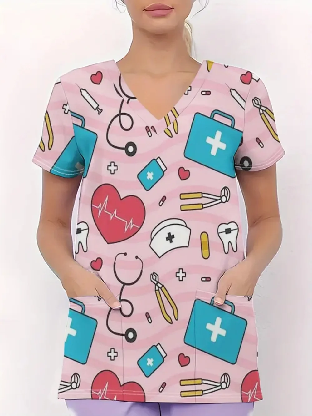 Uniforme de enfermera para mujer, bata de dentista con estampado rosa y lazo a la moda, moda de verano para mujer, manga corta con cuello en V y bolsillos, uniforme clínico