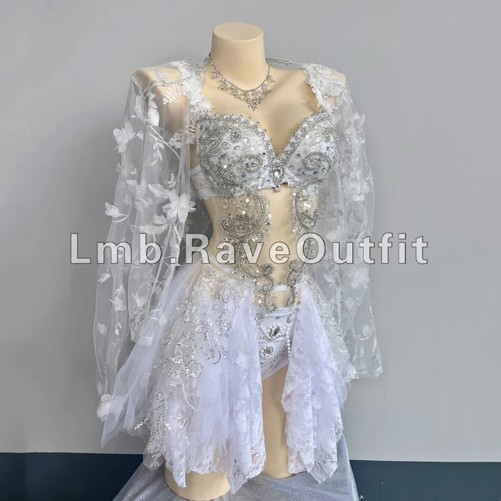 Luksusowy, błyszczący, diamentowy strój rave z elektrycznymi elementami, bikini, tiulowa spódniczka, strój dla tancerki, seksowny strój sceniczny, ubranie na urodziny.