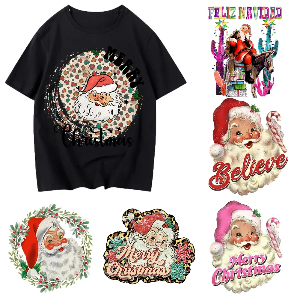 Christmas Patch Santa Claus DIY Heat Transfer Tops Appliqued Vinyl Iron On Patches Heat Print For Shirt Socks Hat Stickers