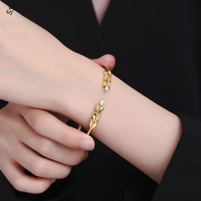 

S925 Sterling Silver Wheat Design Full Diamond Gold Color Bracelet for Women Sparkling Jewelry Gift for Wedding/Anniversary