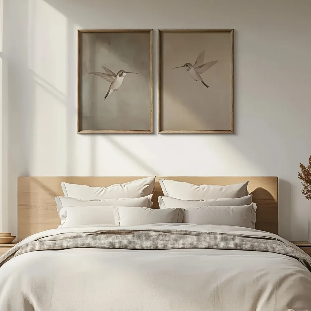 Wall Art Canvas Posters Simple Retro Bird Farmhouse Decor Country Painting Apartment 2 Pcs Frameless Hummingbird