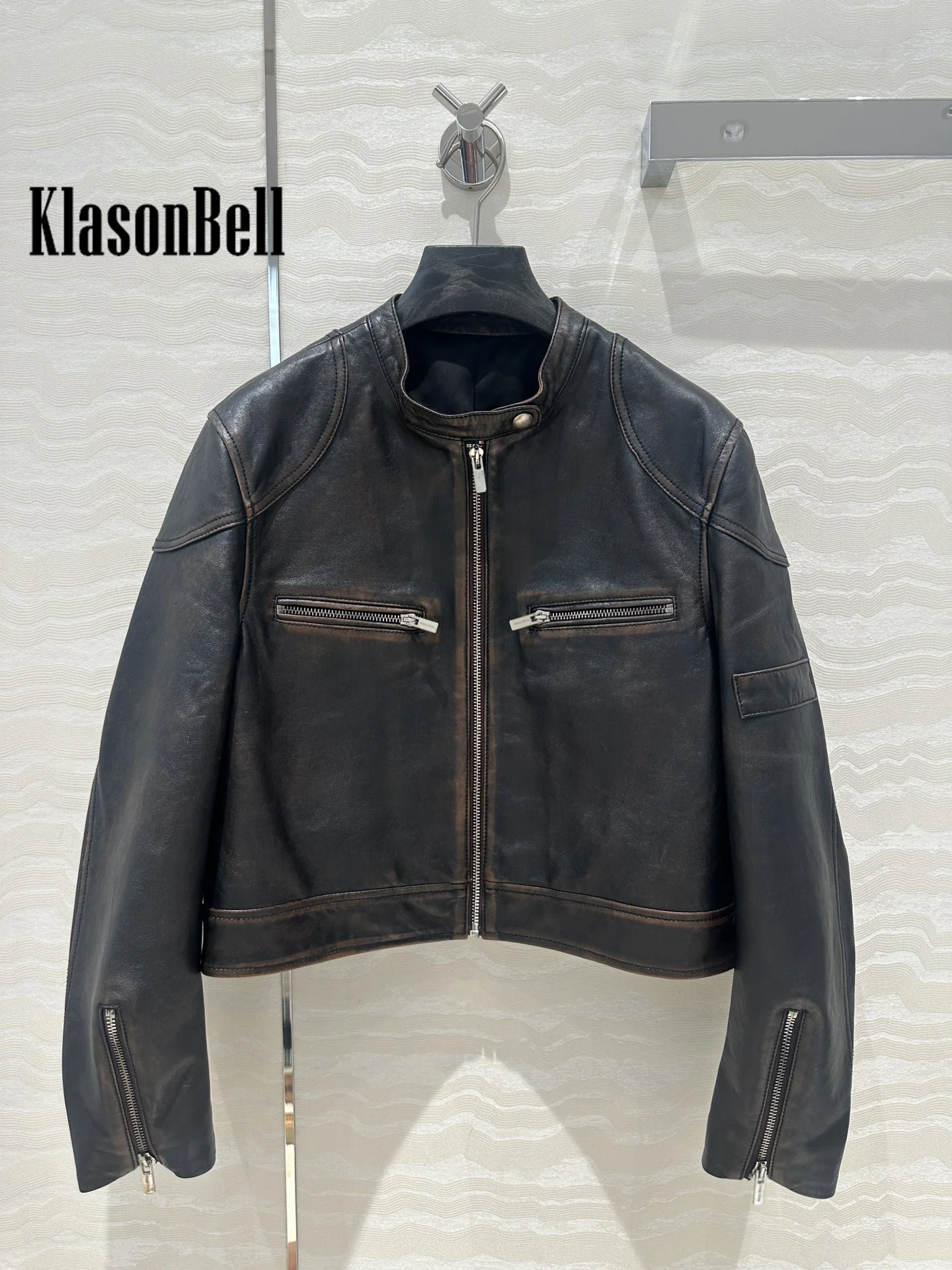 8.18 KlonasBell Women Distressed Design Moto Biker Sheepskin Stand Collar Short Jacket Or Side Zipper High Waist Shorts Set