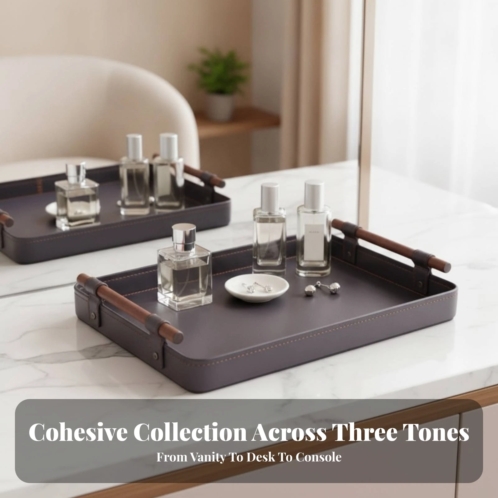 Raised-Side Vanity Tray Long-Lasting Semi-PU Leather Tray with Wood Rod Handles Desktop Storage Organizer Scratch-Proof Slim