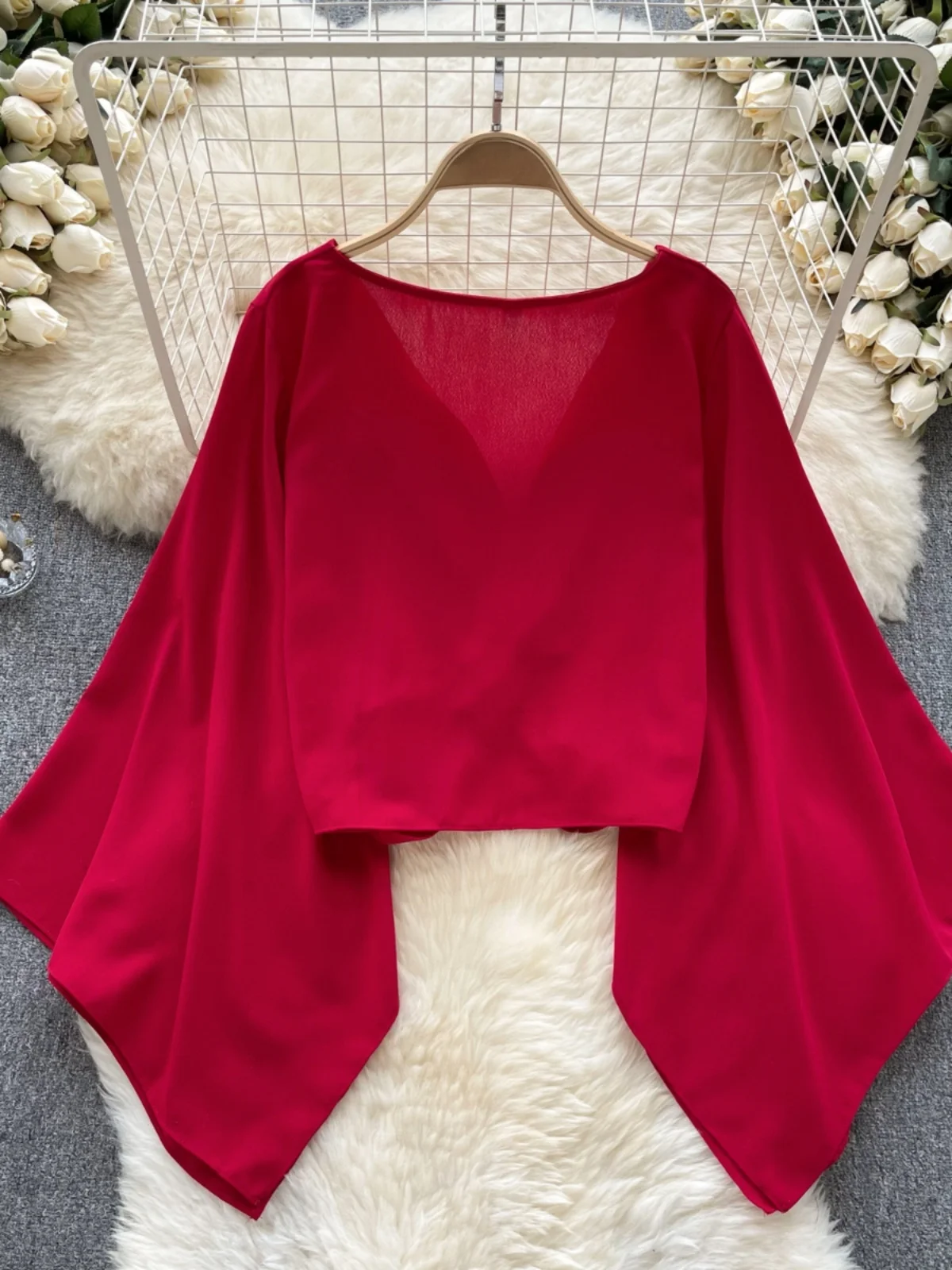 Csa de Gasa de Manga Larga con Cuello en V y Lazada para Mujer, Estilo Coreano, Hoada, para Otoño 2023