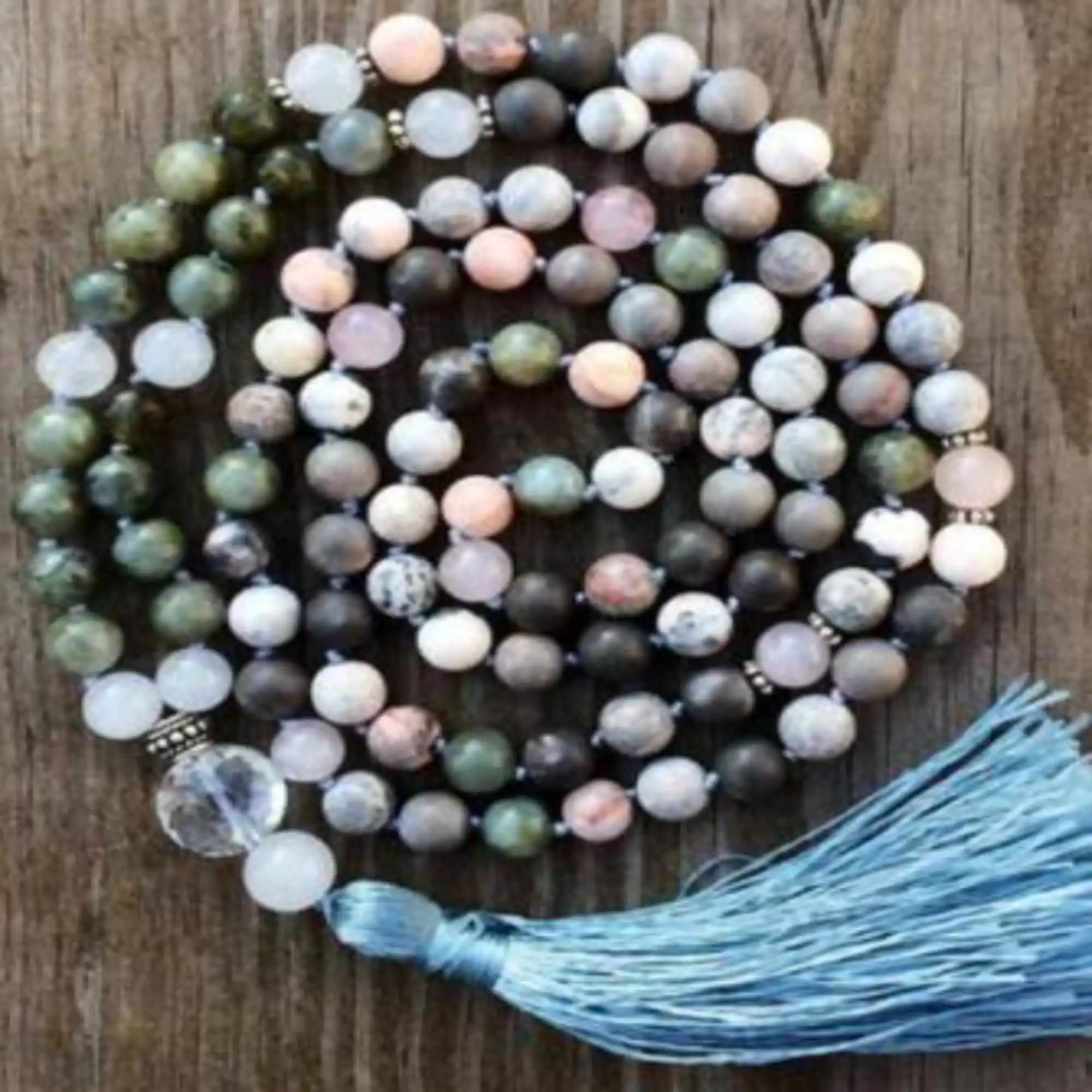 8mm Natural 108 knot Flower color jasper beads tassels necklace Fashion Nirvana Fashion accessory Metal Zen Fashion Beads Yoga