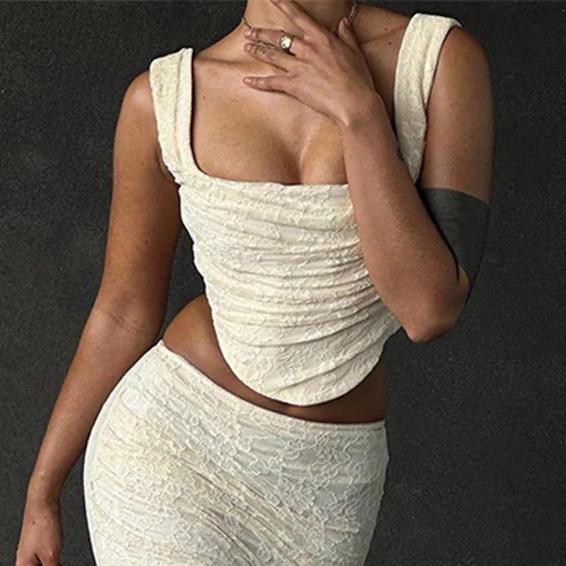 Cryptographic Vintage Floral Lace Corset Top and Skirt Dress Sets Sexy Backless Elegant Bandage Outfits Woman Maxi Skirts Ruched