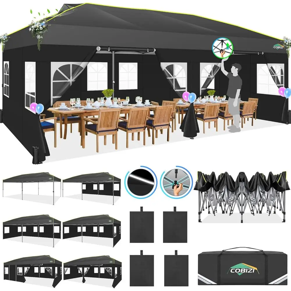 

Quick Setup 10x20 Waterproof Pop Up Tent with 6 Sides, UPF 50+, Carry Bag, Air Vent, Sandbags for Outdoor Events, Black