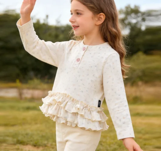 Spring and Summer Baby Girl Korean Style Small Floral Knitted T-shirt with Lotus Leaf Hem Long Sleeved T-shirt