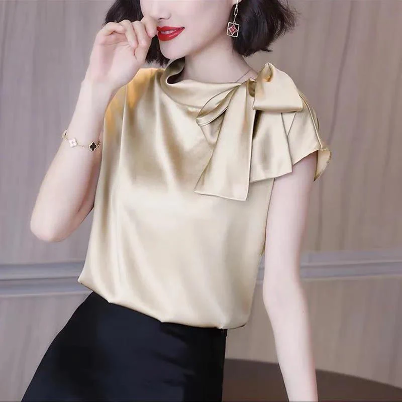 Büro Dame Elegante Mode Bogen Satin T-shirt Weibliche Kurzarm Solide Alle-spiel Pullover T frauen Temperament Sommer tops