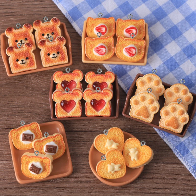 10Pcs Simulation Food Heart Bear Toast Bread Resin Charms Cute Cat Claws Cookies Pendant for DIY Earring Keychain Jewelry Making