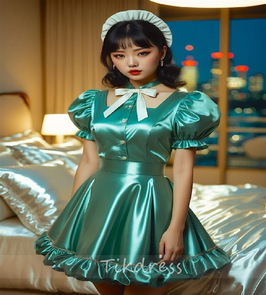 

Sexy Green Cosplay Dress 2025 Puff Sleeve Mini Short Prom Dresses Elegant Korean Cocktail Dress Satin Homecoming PartyCustomized
