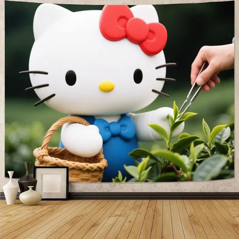 

1 шт. Sanrio Hello Kitty, гобелен для сбора чая, кавайное синее платье, красный бант, настенное искусство, полиэстер, декор для дома, комнаты, подарок для девочек