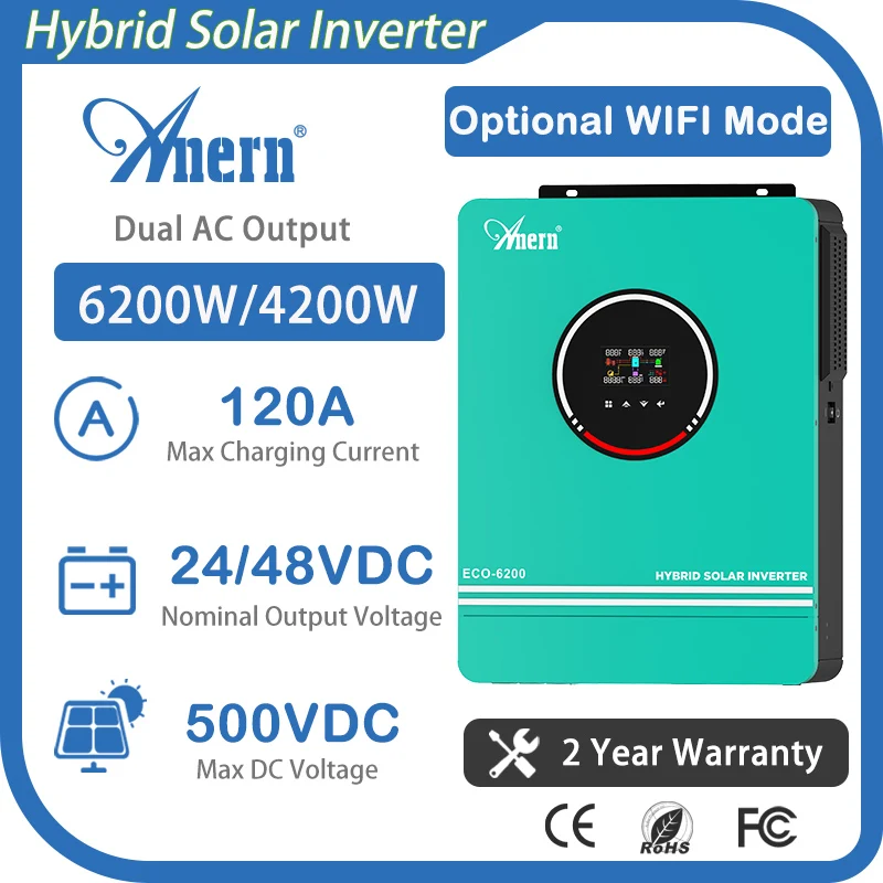 Anern 6.2KW 4.2KW 3.2KW 24V 48V 220V Hybrid Inverter Dual AC Output MPPT 120A Max Solar Panel 500VDC Input 6200W 4200W 3200W