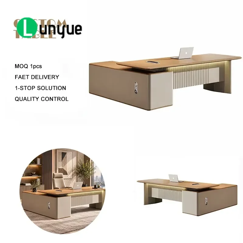 Luxury Executive Desk Round Wood Grain Desktop Beige Side Lockers Grooved Front Panel Modern Office Furniture for Home
