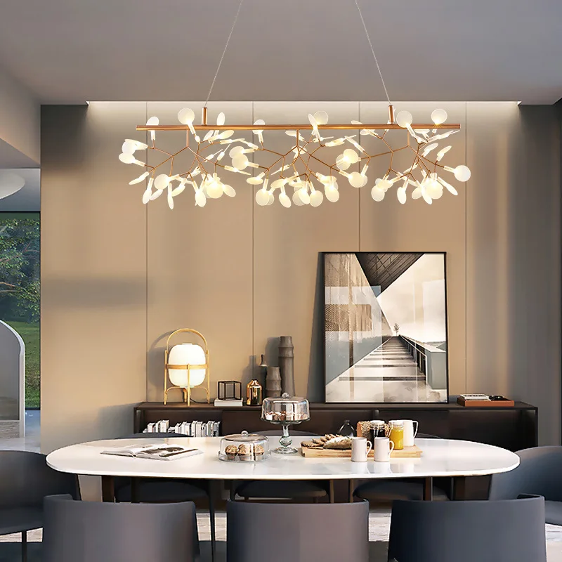 Nordic Chandelier Art Hanging Living Room Chandelier Modern Restaurant Kitchen Firefly Lamp Rose Gold/Black Branch Round Indoor