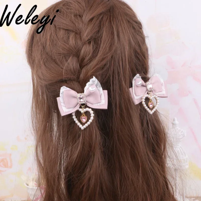 Jirai Kei Style Accessories Pearl Love Pendant Hairpin Japanese Mine Series Mass-produced Sweet Headgear Bow Lace Side Clips