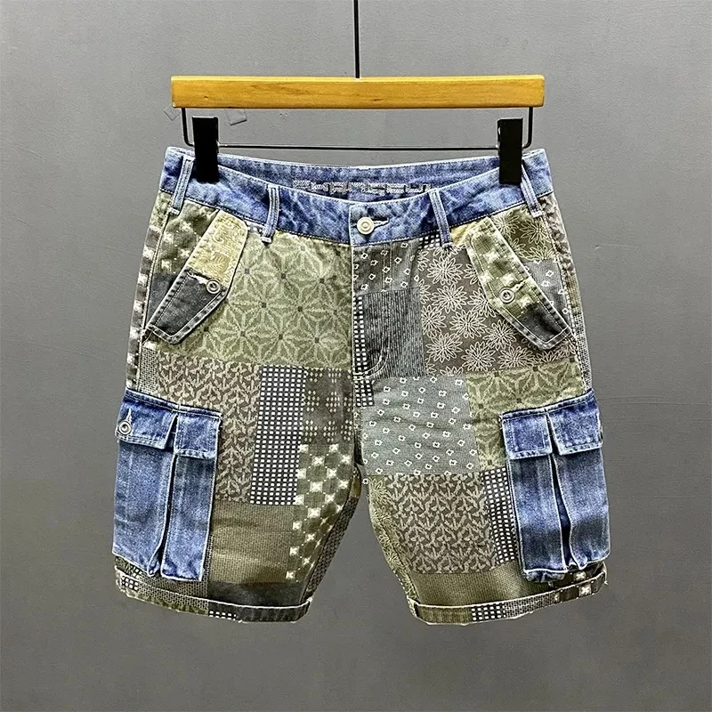 Summer New Cargo Denim Shorts Men\'s Irregular Splicing Printed Personality Tide Five Points Flower Pants Streetwear Jeans Hombre