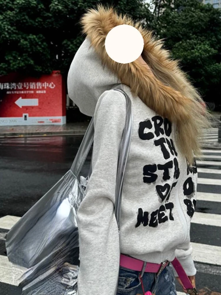 Vintage Fur Patchwork Grunge Zip Up Hoodies Women Hooded Tops Jackets Casual Letter Print Pocket Coats Y2k Aesthetic Sweatshirts