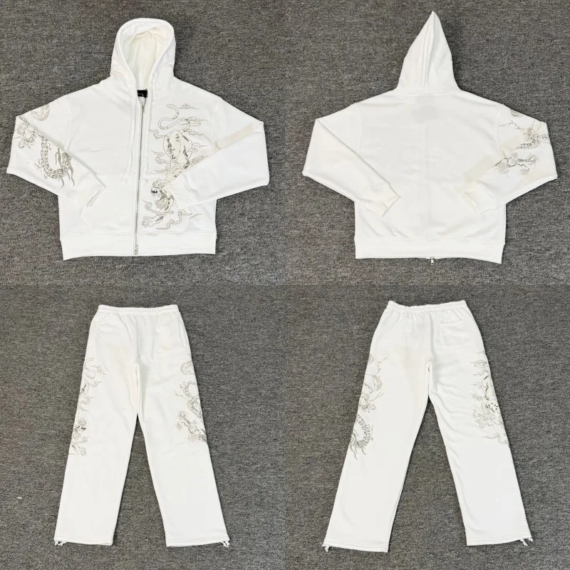 American Street Loose Embroidered Matching Set White Derschutze Zip Up Hoodies Drawstring Wide Leg Sweatpants Man Casual Outfit