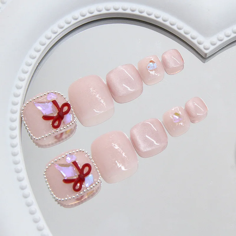 

24pcs French Red Flowers Toenail Finished Wearable Simple Colorful Full Cover Tips Fake Nails Press on Feet Decor False Nails
