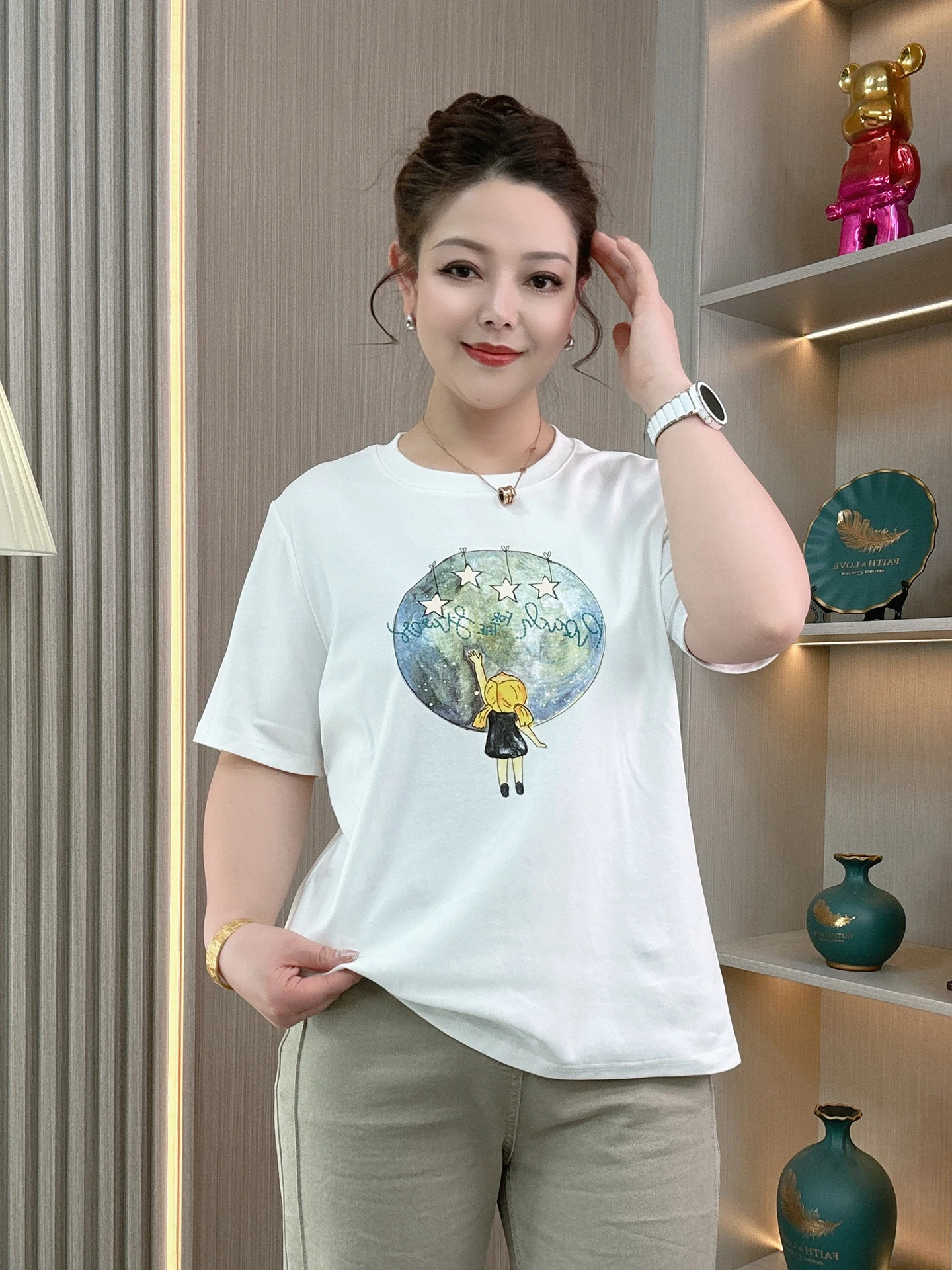 

Summer New Large Size Loose Fit Casual Style Girl's Cartoon Planet Print Short Sleeve T-Shirt Slimming Effect Comfortable Top