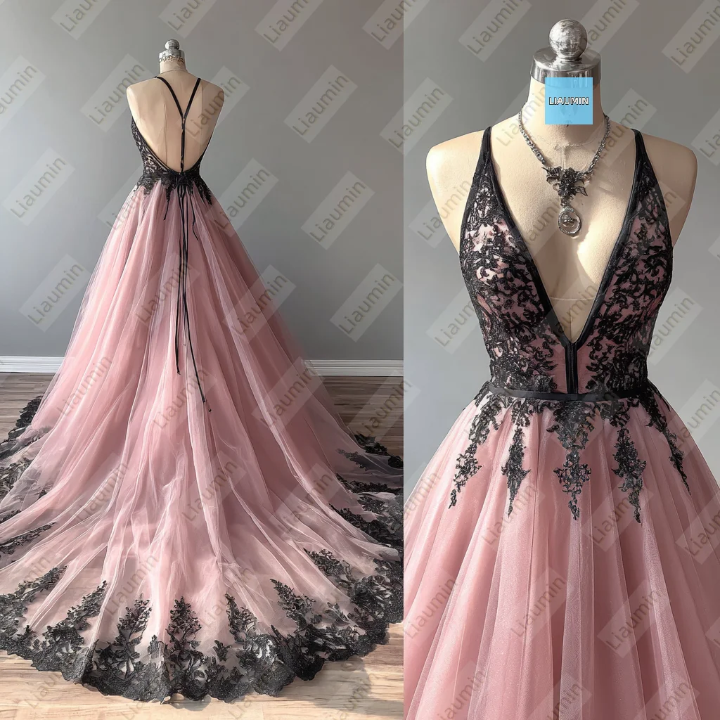 

Classic Pink Tulle V Neck Black Lace Applique With Train Evening Prom Wedding Formal Dress Backless Hand Made Customized A7-1.24