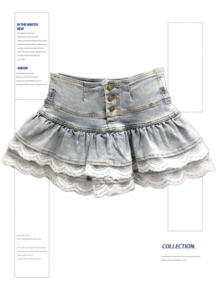 Summer Retro New Denim Shorts Women Sexy High Waist Lace Jeans A Line Cake Shorts Fashion Casual All Match Lady Jeans Shorts