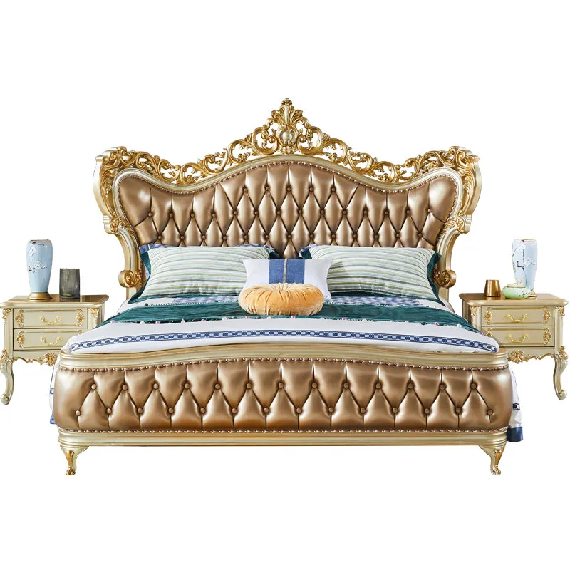 

#European Style Solid Wood Leather Antique Bed Luxury Villa Master Bedroom Set King Size Bed Guardrail Storage Wedding Bed Royal
