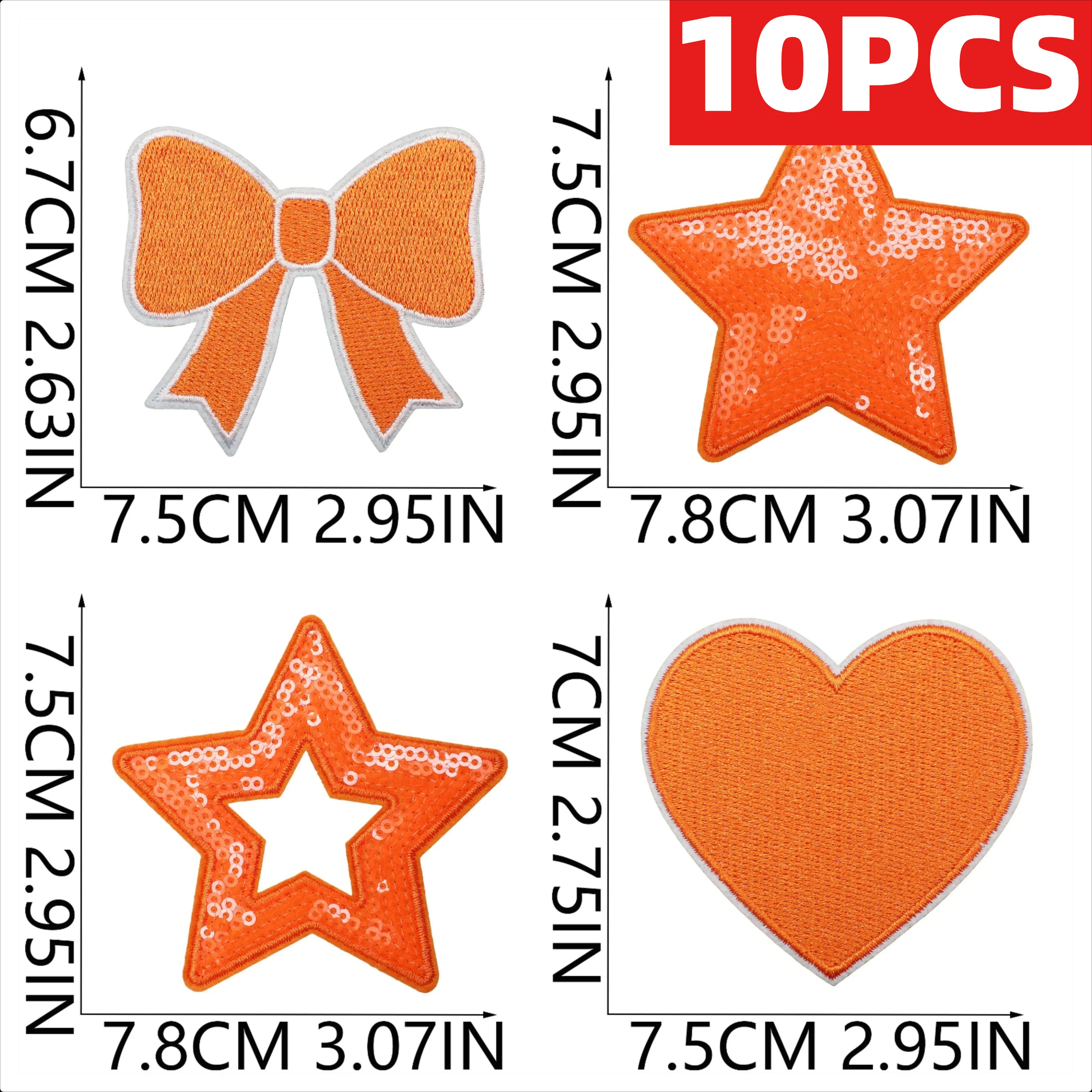 10PCS Orange Love Star Embroidery Patches Lightning Bow Design Cheerleader Game Day Iron On For DIY Clothes Decoration A Set Of