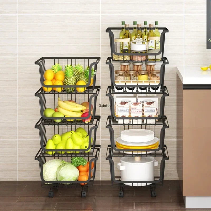 Black stainless steel kitchen shelf vegetable basket fruit basket floor multi-layer storage basket cart blue kitchen organizer