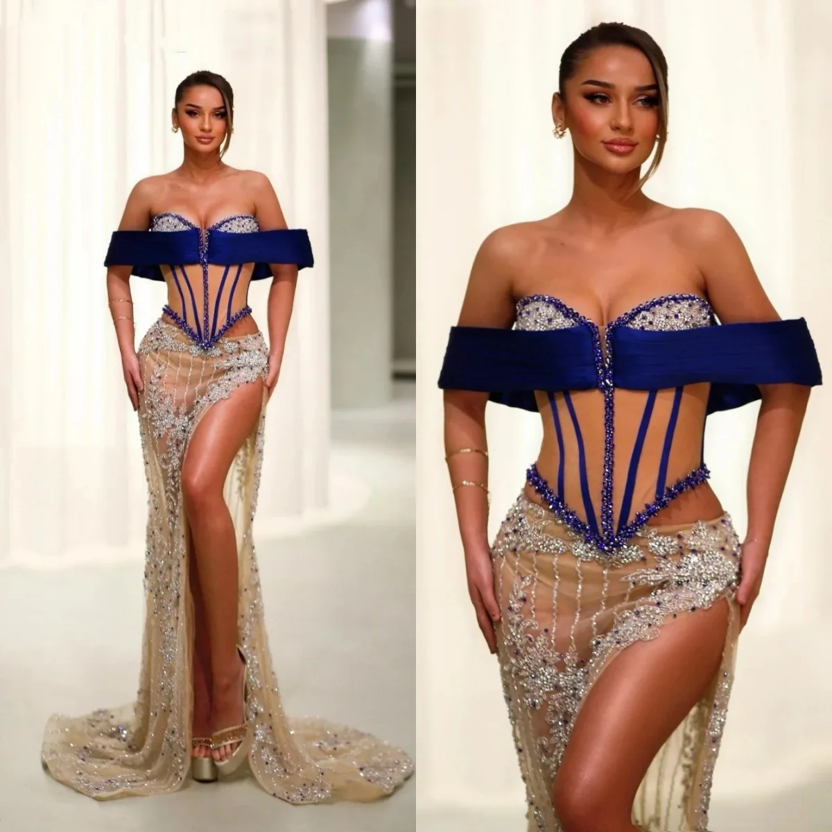 Vestidos De Noche De moda con hombros descubiertos, vestido De graduación con cuentas De lentejuelas, ilusión De sirena con abertura alta, Vestidos De Noche personalizados De princesa