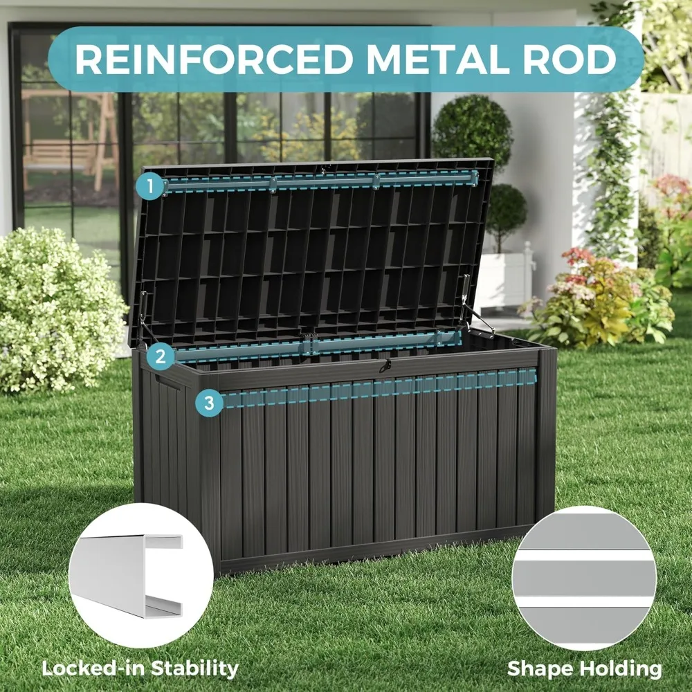 

Outdoor storage box, indoor and outdoor resin deck box, waterproof storage box with lockable lid (black, 150 gallons)