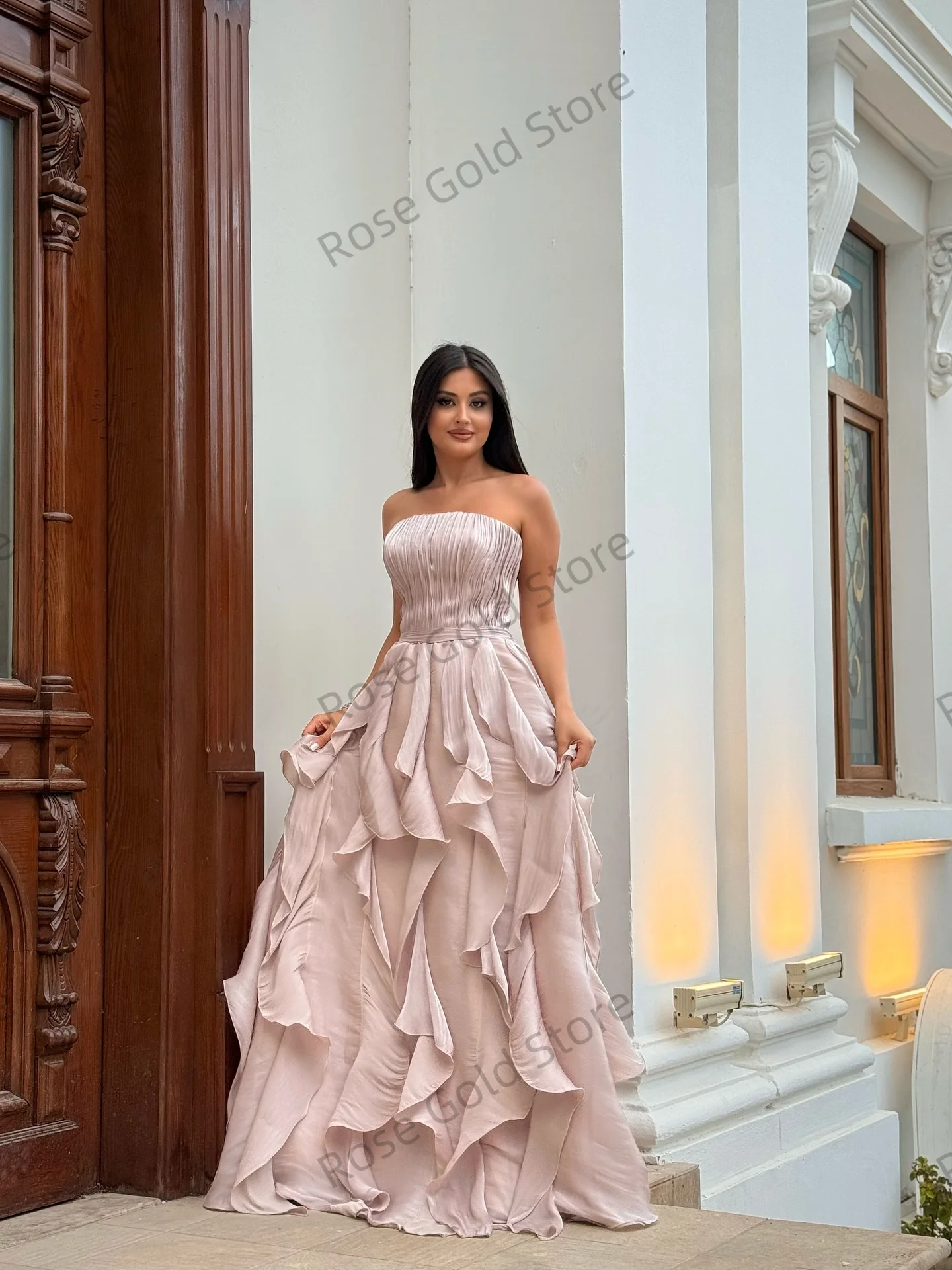 ชุดราตรีทรงเอไลน์แบบโรแมนติกสำหรับผู้หญิง สายเดี่ยว แต่งระบายจีบ ชุดราตรีแบบยาวถึงพื้น  ชุดราตรีแบบอาหรับสำหรับงานพรอม  สามารถสั่งตัดได้