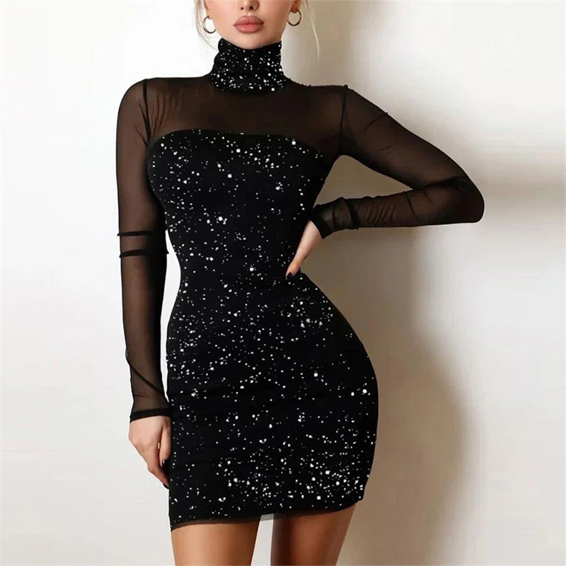 Women Black Mini Dress New Fashion Turtleneck Shiny Silk Club Party Dress Autumn Mesh Long Sleeve Bodycon Pencil Dress