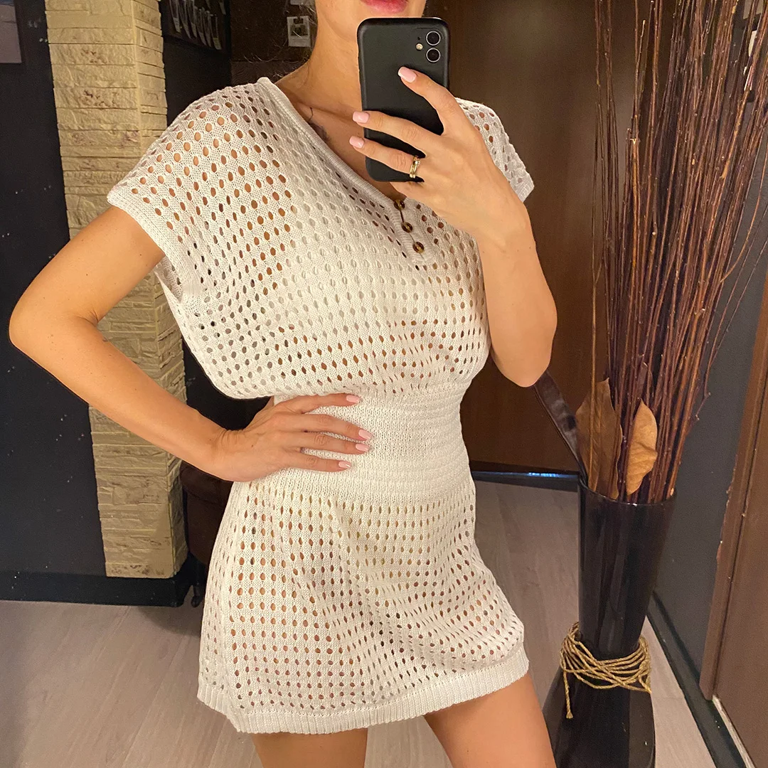2026 Ausgehöhltes Kurzarm-Häkel-Strick-Tunika-Strandkleid Strandkleidung Strandmode Strand-Cover-Up für Damen V5494 – Detail 6