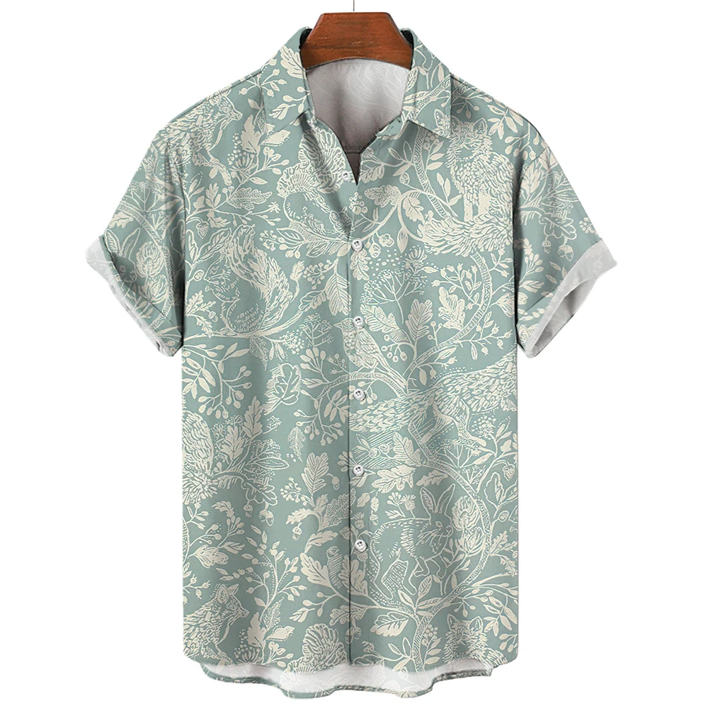 Camisa estampada em 3D com planta tropical masculina, tops casuais, mangas curtas florais, streetwear de botão de lapela, roupas masculinas