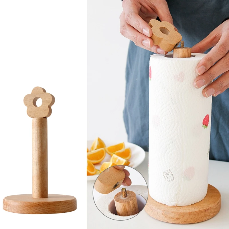 Solid Wood Paper Roll Holder Creative Kitchen Vertical Beech Paper Towel Rack Small Flower Lazy Rag Storage Rack